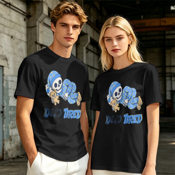 Olive T-Shirt with Sleeping Skeleton in Pajamas 'Dead Tired' Print