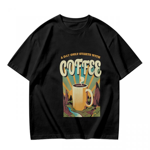Olive Graphic T-Shirt With Coffee And Mountain Sunrise Design
