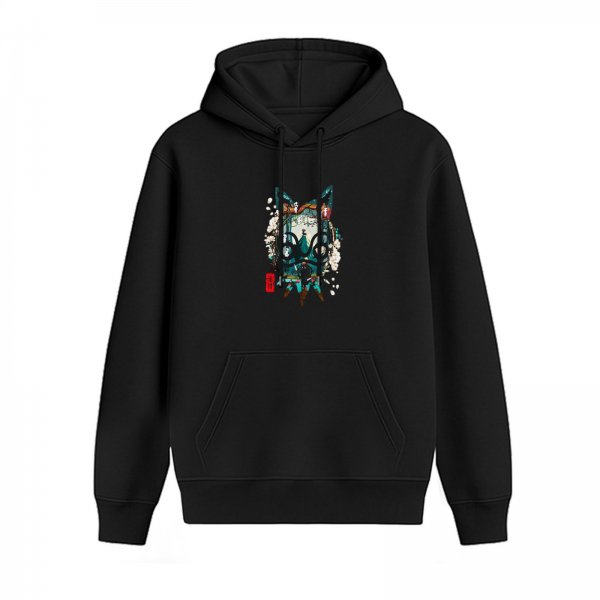 Black hoodie with stylized cat face landscape graphic print