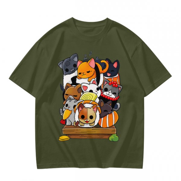 Olive T-Shirt With Cute Sushi Cat Stack Graphic Print