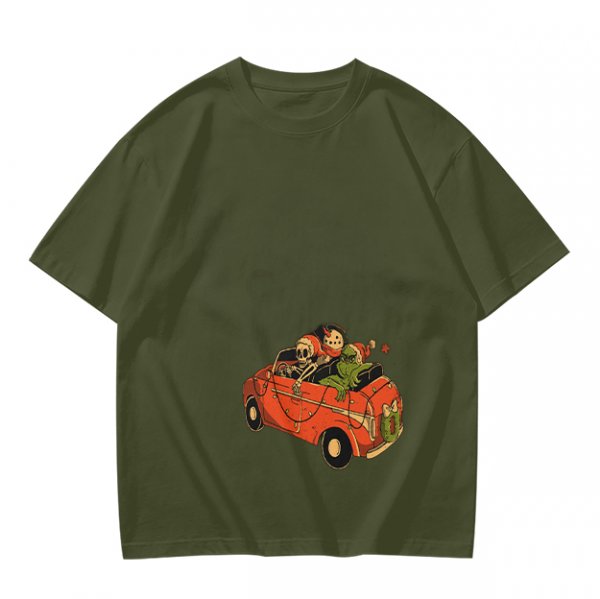 Olive T-Shirt with Skeleton and Friends in Christmas Car Print