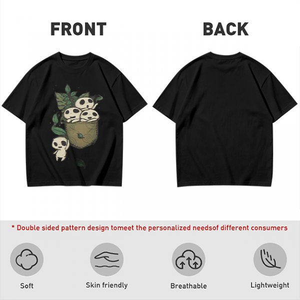 Olive T-shirt with Kodama Tree Spirits in Pocket and Leaves Print