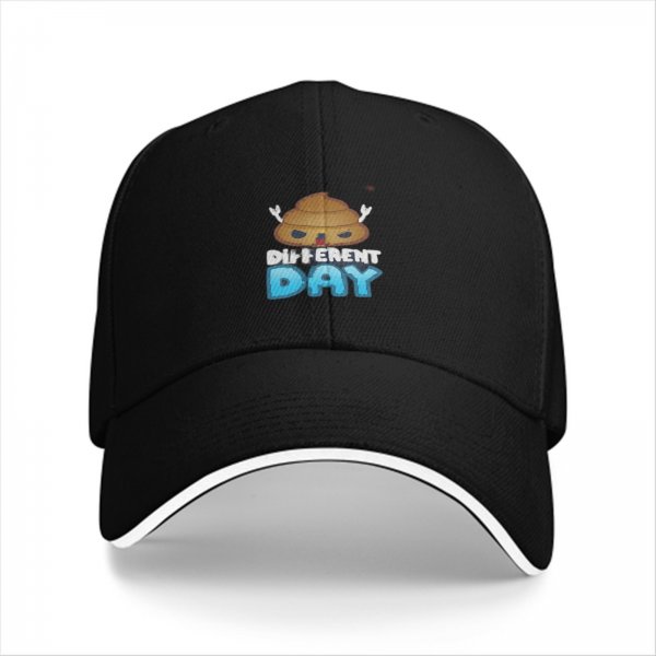 Black baseball cap with poop emoji graphic and 'Different Day' text