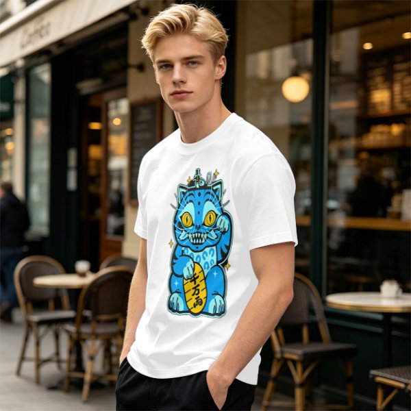 Olive T-Shirt With Blue Maneki-Neko Monster Graphic Print