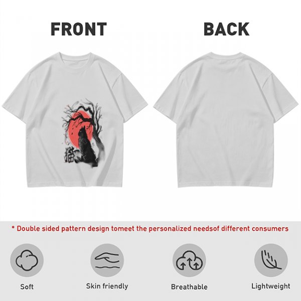 Olive T-Shirt with Black Cat and Red Moon Gothic Art Print