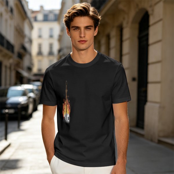 Olive Green T-Shirt With Pixel Art Skull Sword And Fire Print