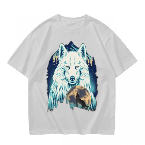 Olive T-Shirt With White Wolf And Howling Wolf Moon Graphic
