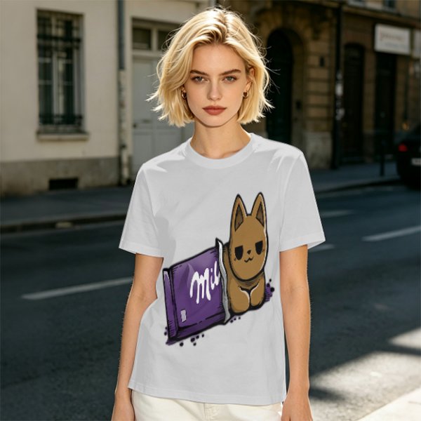 Olive T-shirt with a cartoon cat emerging from a purple chocolate wrapper print