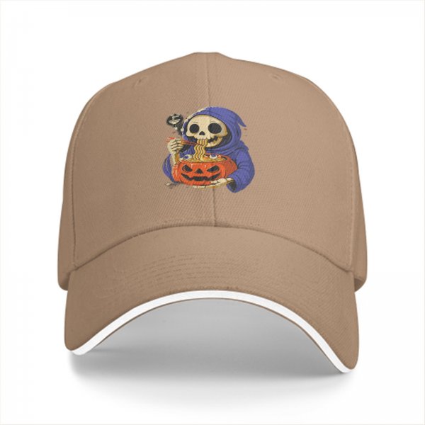 Black baseball cap with grim reaper eating pumpkin ramen graphic