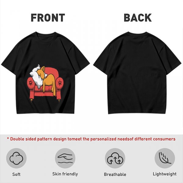 Olive green t-shirt with a sleeping orange cat on a red armchair print