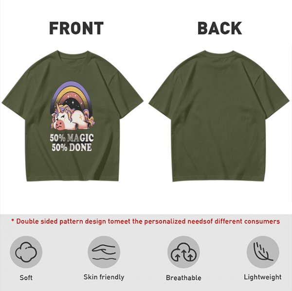 Olive T-Shirt With Grumpy Unicorn 50% Magic 50% Done Print