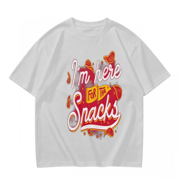 Olive green graphic tee with 'I'm here for the snacks' print