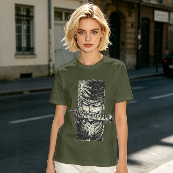 Olive T-shirt with One Piece Zoro Bandana Sword Print