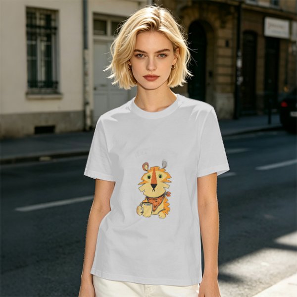 Olive Green T-Shirt with Cute Tiger Holding Coffee Mug Print