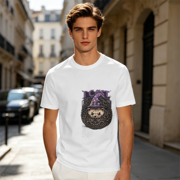 Olive green t-shirt with a hedgehog wizard graphic and 'I CAST' text