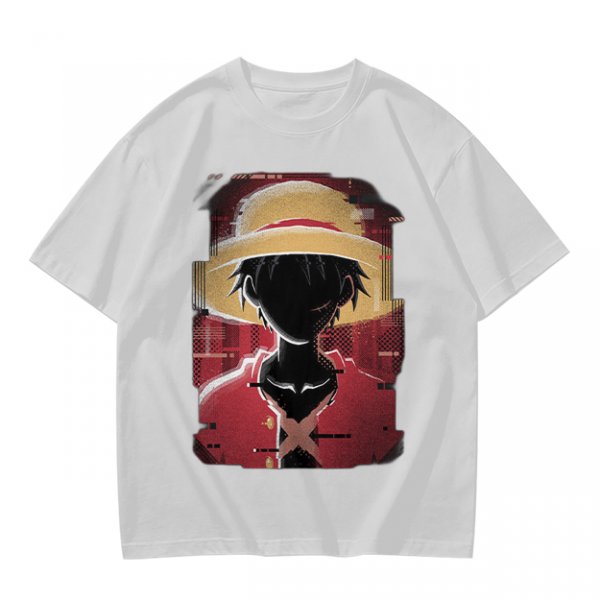 Olive T-shirt with Glitch Art Monkey D Luffy Straw Hat Print