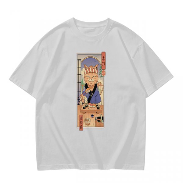 Olive T-Shirt with Japanese Style Sushi Chef Cat Print