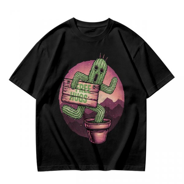 Olive T-shirt with Cartoon Cactus Free Hugs Desert Print