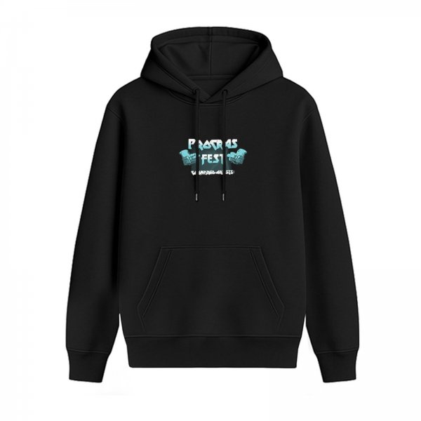 Black graphic hoodie with Procrast Fest themed print
