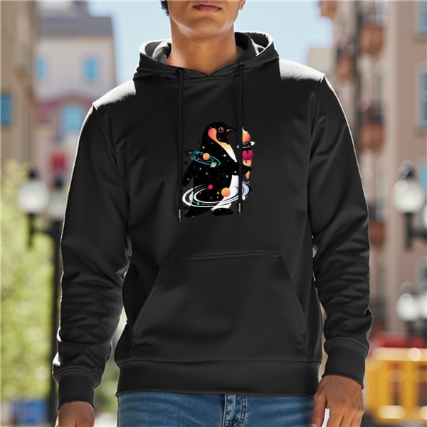 Black hoodie with cosmic penguin holding ice cream graphic