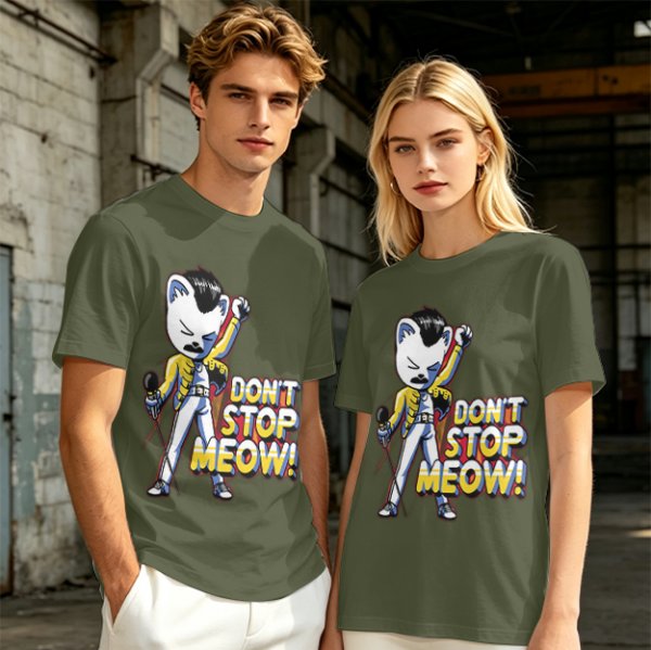 Olive graphic t-shirt with cat Freddie Mercury 'Don't Stop Meow' print