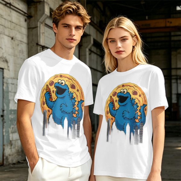 Olive T-Shirt Featuring Giant Cookie Monster Holding Cookie Against Moon