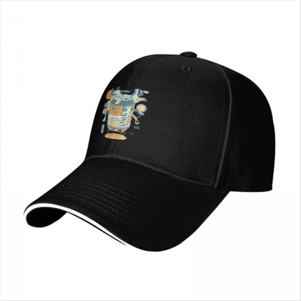 Black baseball cap with cartoon beer can robot graphic