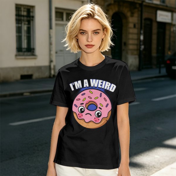 Olive green t-shirt with sad donut graphic and 'I'M A WEIRD' text