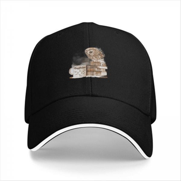 Black baseball cap with owl coffee and books graphic