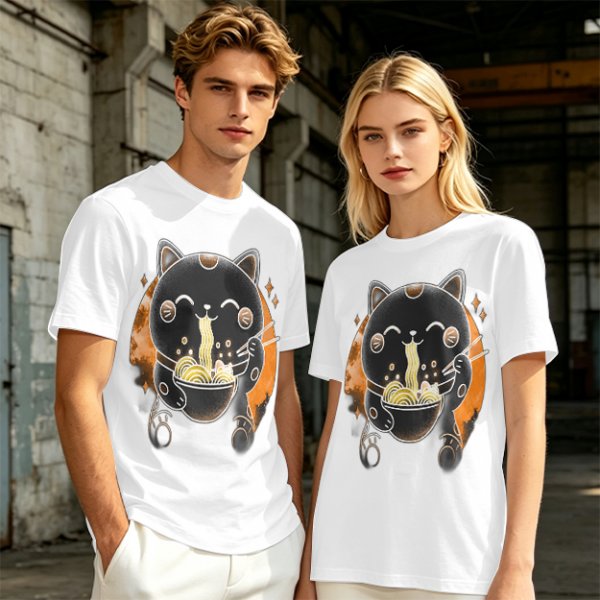 Olive T-Shirt Featuring Black Maneki-neko Cat Eating Ramen