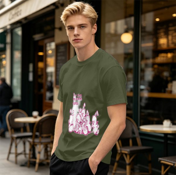 Olive Green T-Shirt With Pink Whimsical Graphic Print