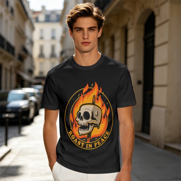 Olive T-Shirt With Roast In Peace Flaming Skull Graphic