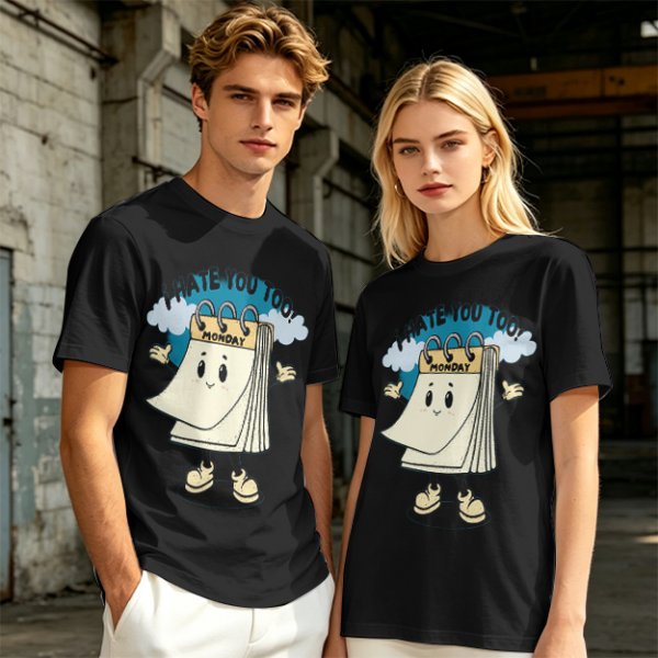 Olive t-shirt with cartoon Monday calendar graphic and 'I HATE YOU TOO' text