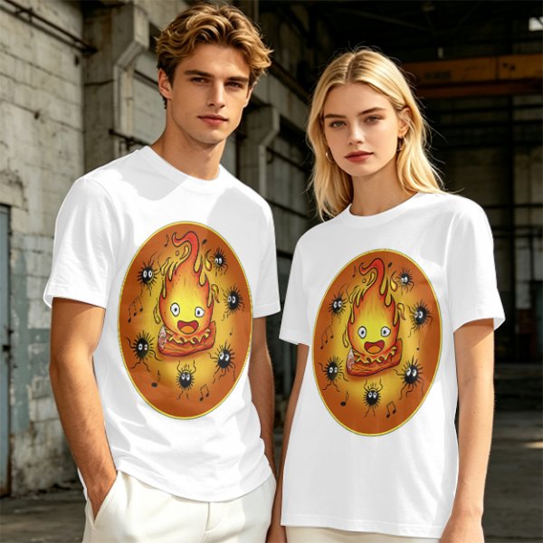 Olive T-Shirt Featuring Calcifer and Soot Sprites Artwork