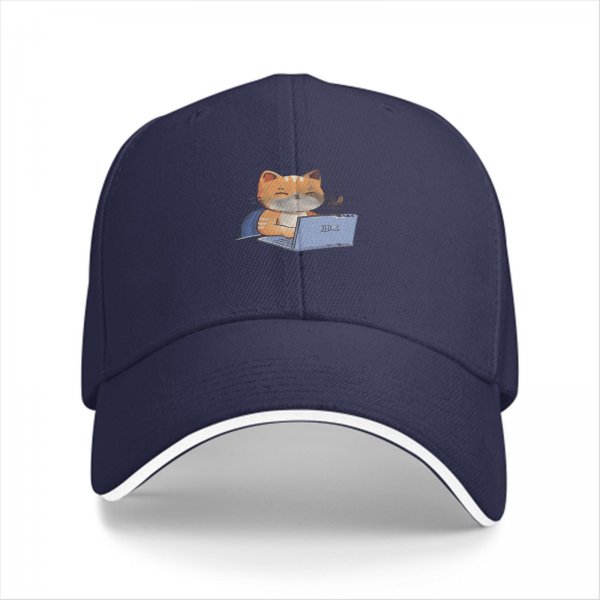 Black baseball cap with a cartoon cat working on a laptop print