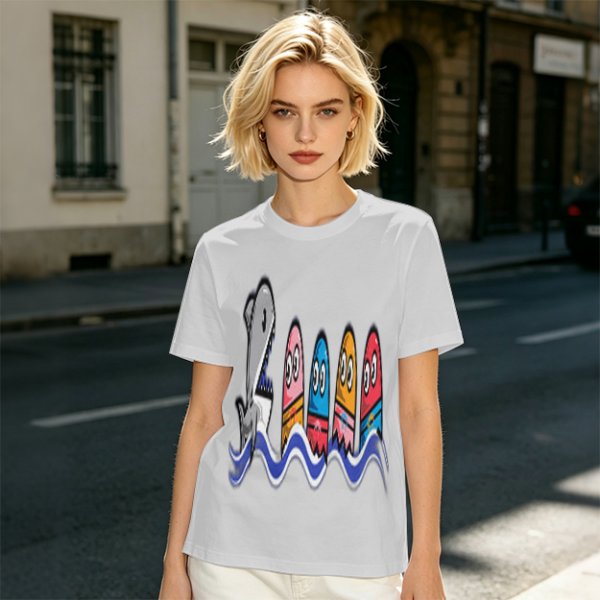Olive T-Shirt With Shark And Colorful Ghost Creatures Print