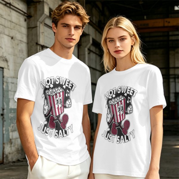 Olive T-Shirt with 'Not Sweet Just Salty' Cartoon Popcorn Print