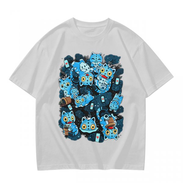 Olive T-Shirt With Playful Blue Cat Character Print