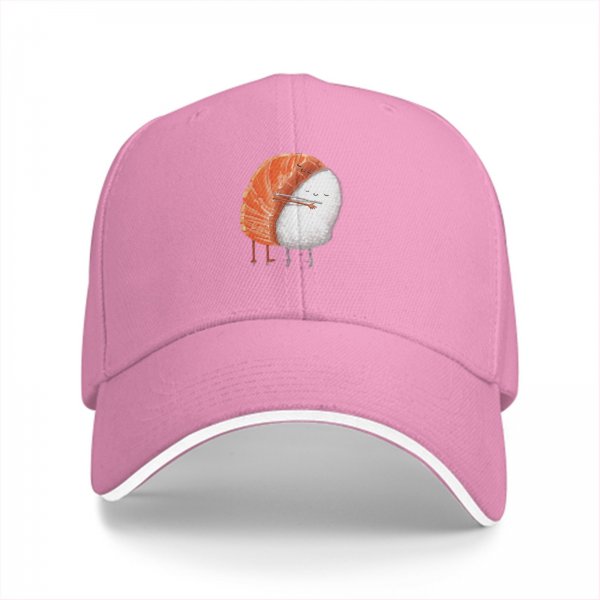 Black Baseball Cap With Cute Salmon Sushi Character Print