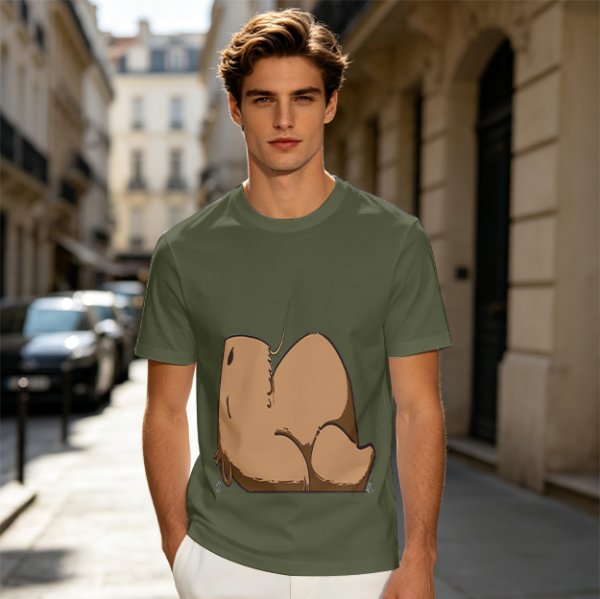 Olive Green T-Shirt With Capybara Rear View Graphic