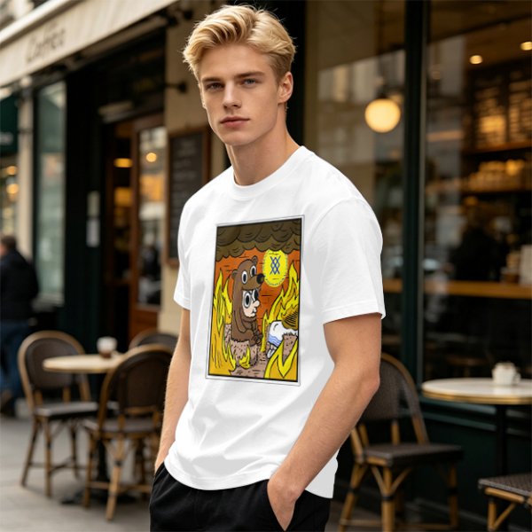 Olive T-shirt with Cartoon Bear Costume Figure in Flames Art