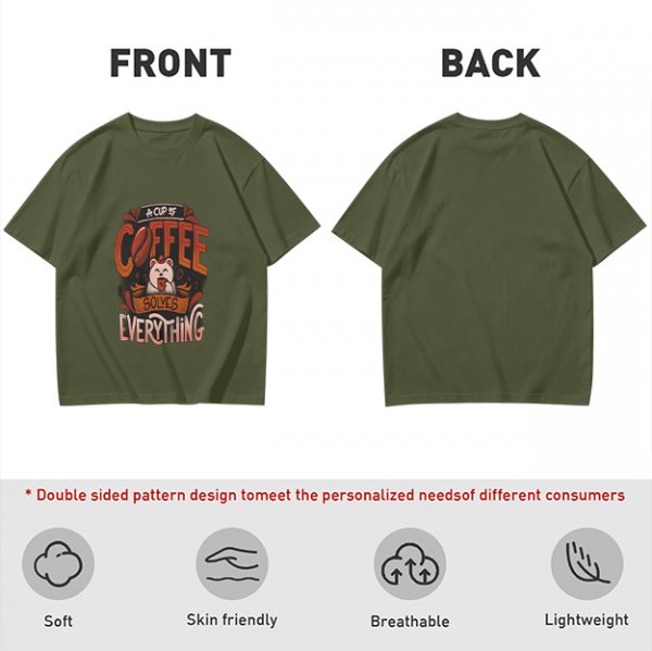 Olive t-shirt with coffee bear graphic that says a cup of coffee solves everything