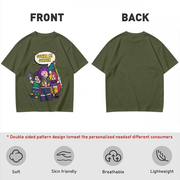 Olive T-shirt with Lego-style characters and 'Gonna Be Golden' print