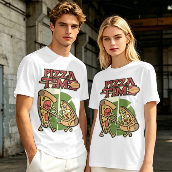 Olive green pizza graphic t-shirt with playful pizza slice characters
