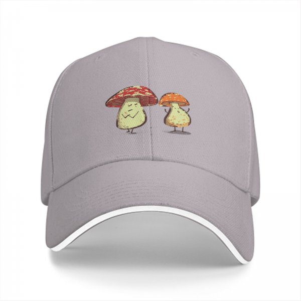 Black Baseball Cap With Cartoon Grumpy Mushroom Characters Print