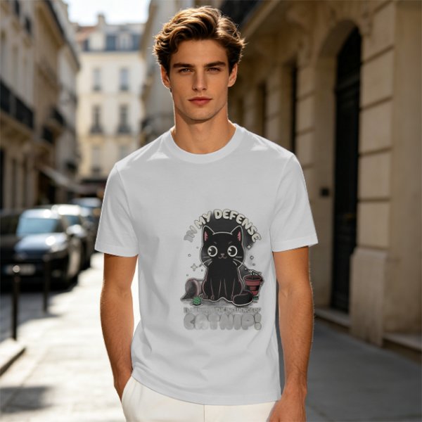 Olive t-shirt with black cat 'In My Defense I Was Under Catnip' print