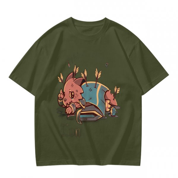Olive T-shirt with Chibi Wounded Fantasy Creature Graphic