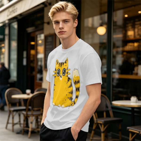 Olive Green T-Shirt With Cute Surprised Yellow Tabby Cat Graphic