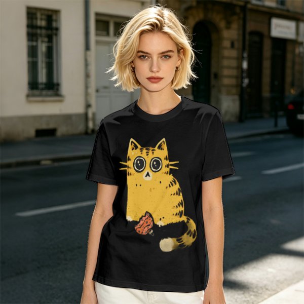 Olive T-Shirt With Cute Surprised Orange Tabby Cat Holding Meat Print