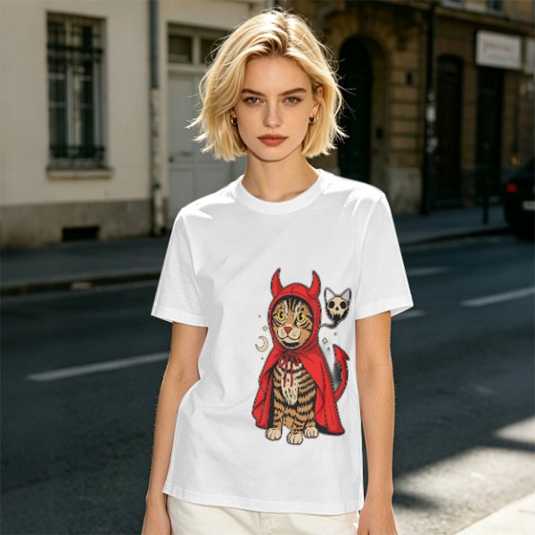 Olive T-shirt with a tabby cat in a devil hood and skull cat graphic